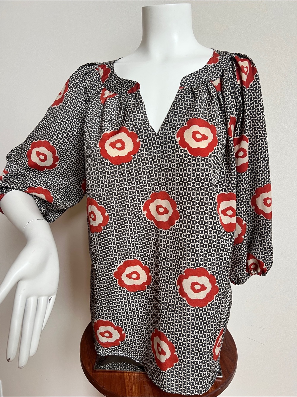 Ezra Floral Print Peasant Blouse in Black & tan with flowers Marimeko inspired
